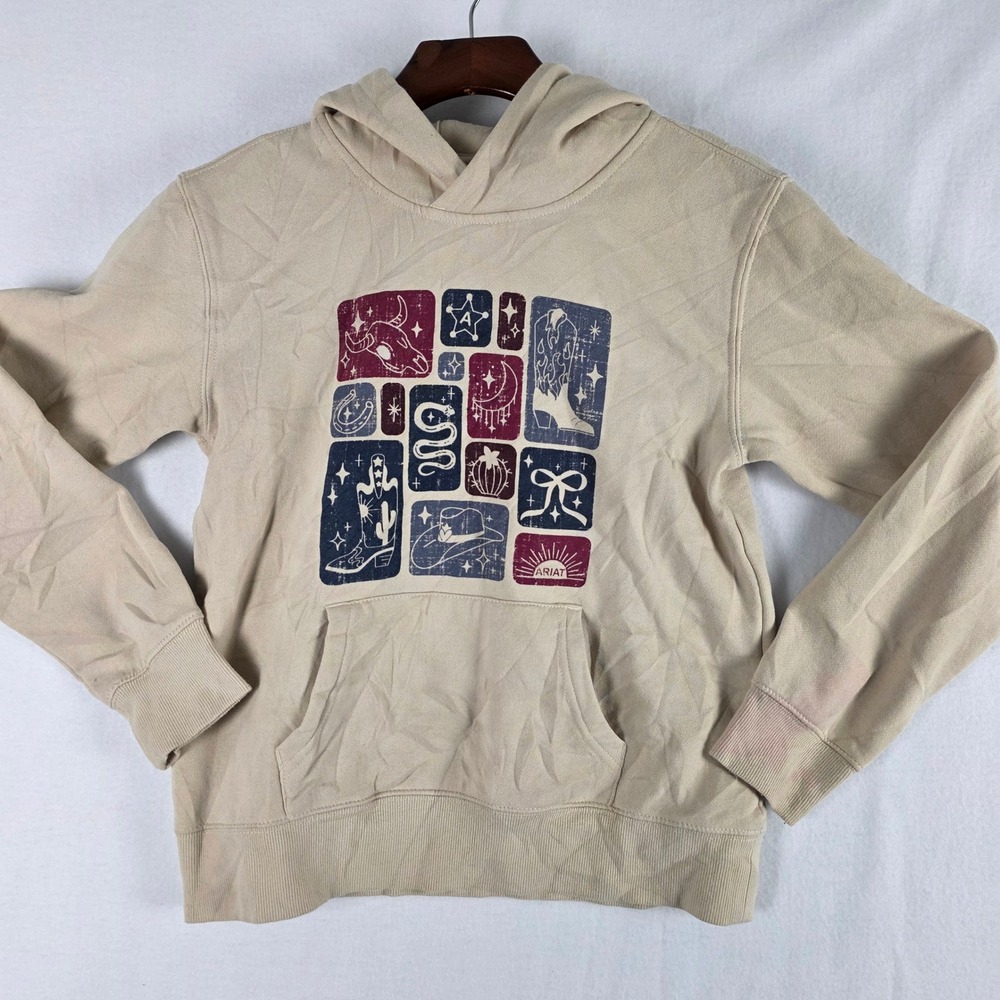 Ariat Kid's Western Graphic Beige Fleece Pullover Hoodie Size Youth L/12